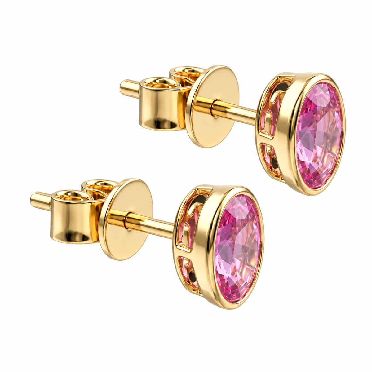 Broqueles de Zafiro Rosa Corte Oval con Bisel en Oro 14k