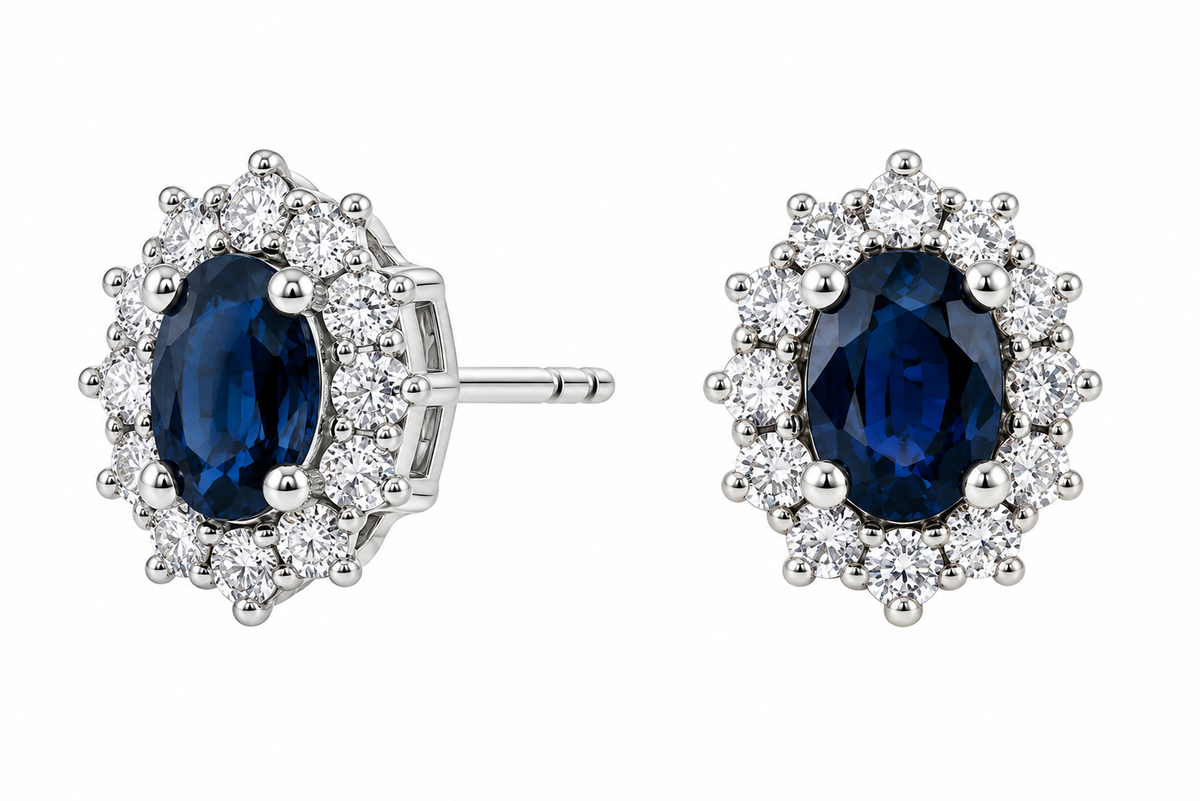 Aretes Lady Di con Zafiros y Diamantes en Oro 14k