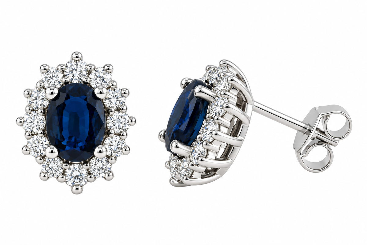 Aretes Lady Di con Zafiros y Diamantes en Oro 14k
